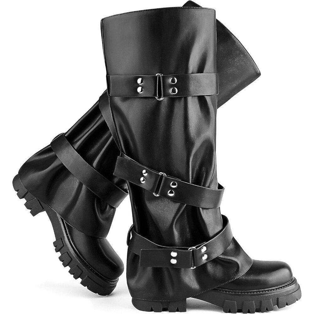 Women's Black Fold Over Round Toe Stylish Platform Low Heel Wide Calf Boots